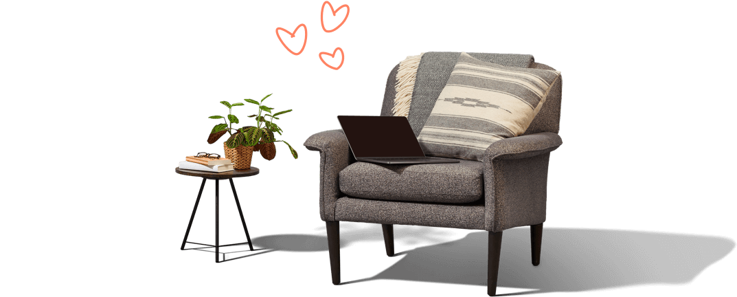 
                    An armchair with blanket, cushion and laptop. A small side
                    table with book, plant and glasses on it. The image includes
                    Urban Jungle hearts above the chair.
                