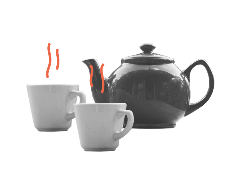 A graphic of a teapot with two steaming mugs of tea.