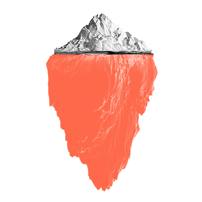 An iceberg showing the tip and below the water.