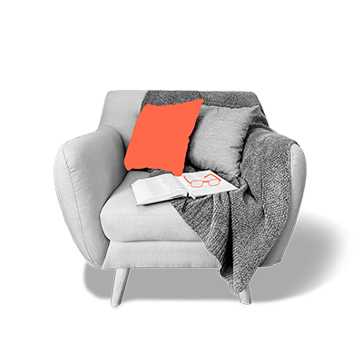 A graphic of a comfy armchair with a book.