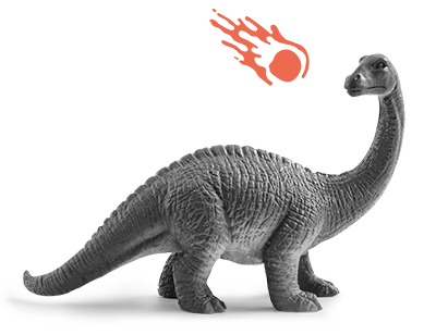 A graphic of a dinosaur along with an orange meteor crashing down towards it.