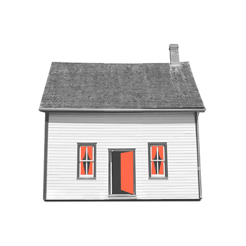 A graphic of a house with an orange door and windows.