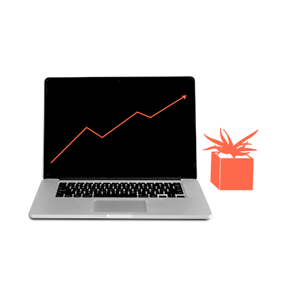 A laptop showing an upward trend graphic next to an orange plant pot