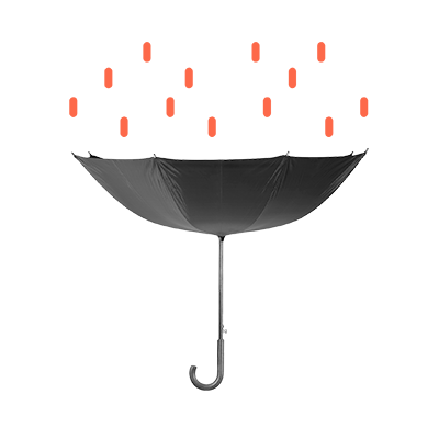 A graphic of an inverted umbrella catching orange raindrops.