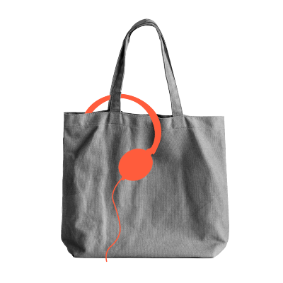 A graphic of a tote bag with orange earphones.