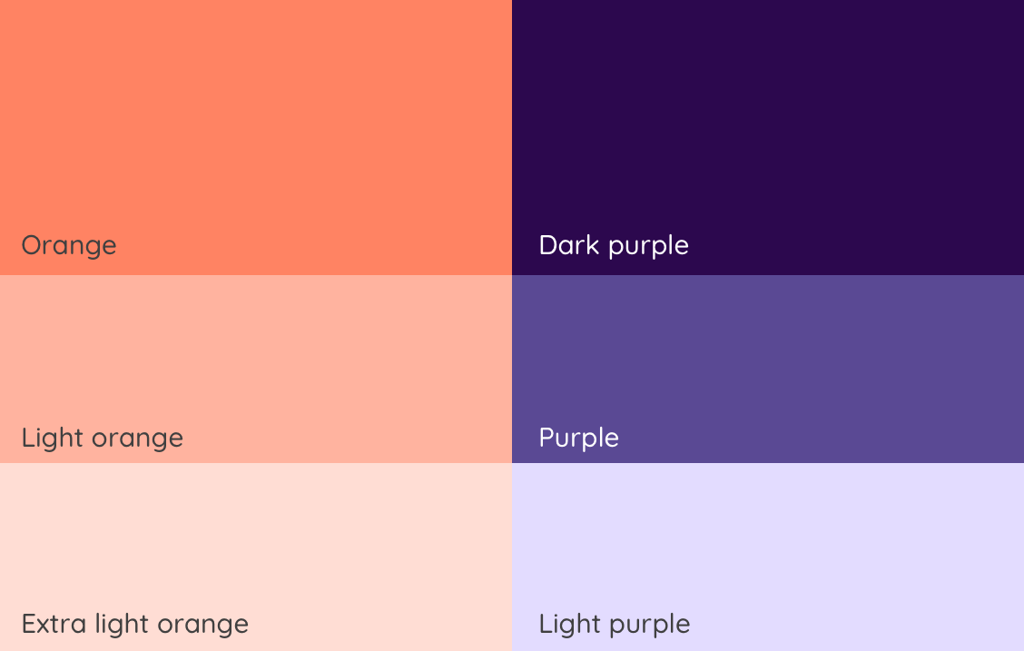 The six colours we decided to go for. Three types of orange and three types of purple.