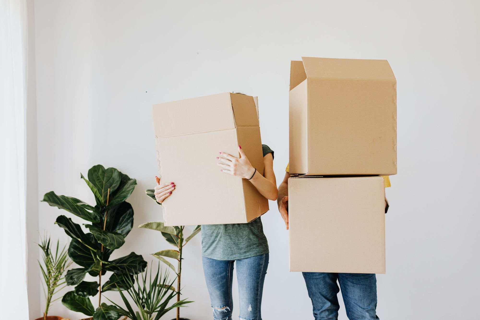 Couple-Moving-Home-Carrying-Removal-Boxes-With-Plant