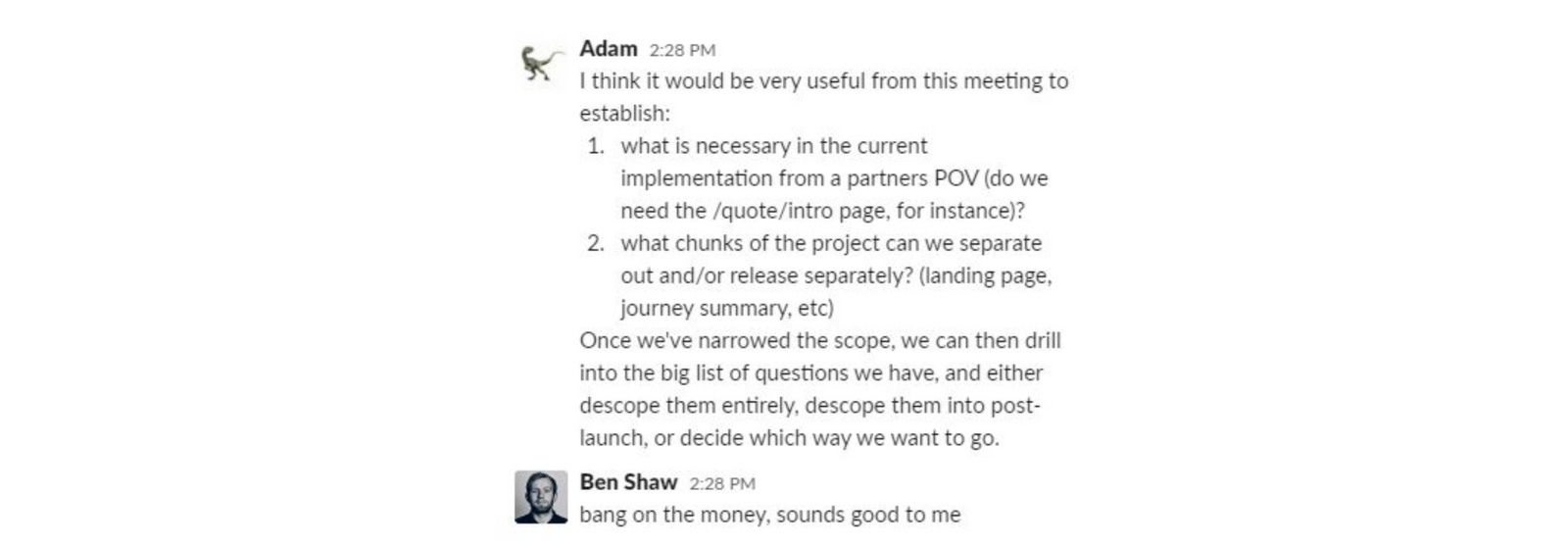 Slack Chat between Urban Jungle Engineers about upcoming project